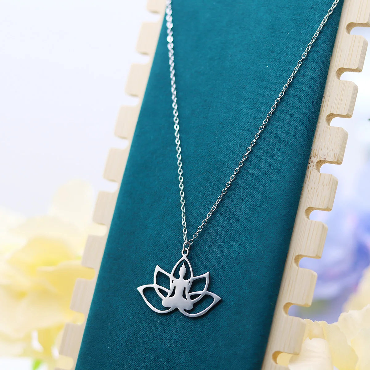Kinitial Hindu Buddhism Meditation Necklace Stainless Steel Yoga Lotus Flower Necklaces Amulet Jewelry Gift
