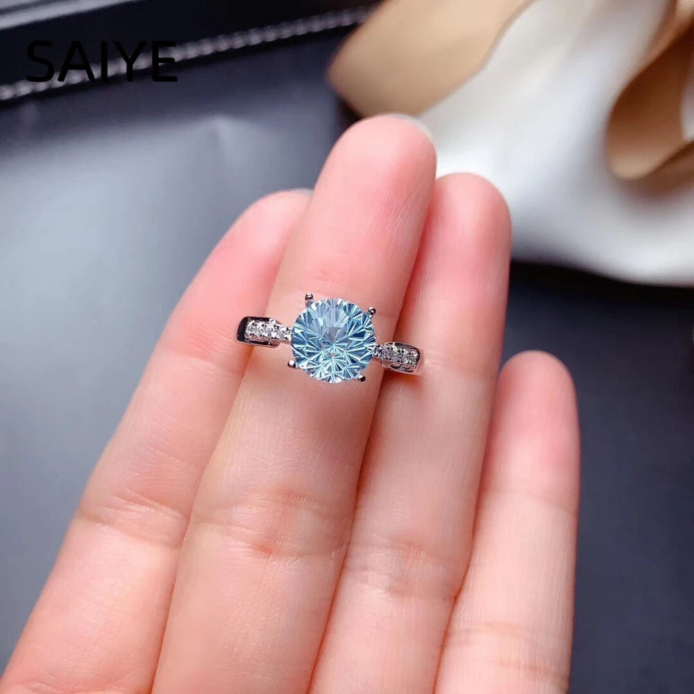 925 Sterling Silver Round Aquamarine Blue CZ Ring for Women Four Prong Solitaire Ring Side Stone Wedding Engagement Jewelry Gift