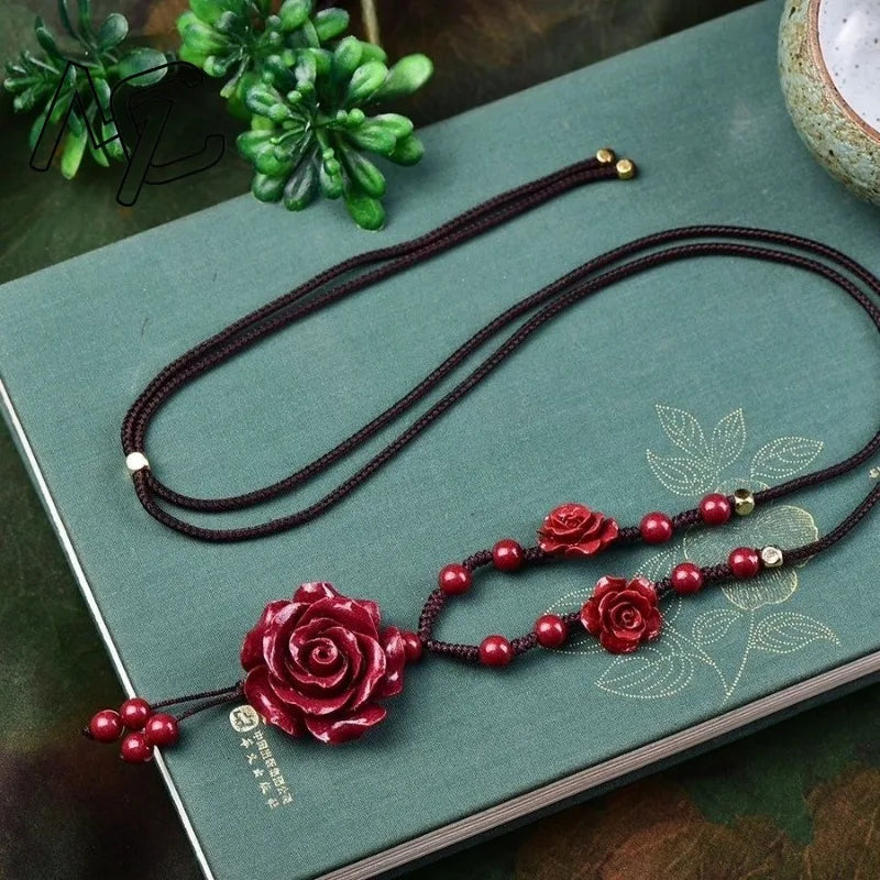 Fashion Cinnabar Jade Rose Flower Pendant Necklace Jewellery Chinese Healing Women Man Luck Gift Sweater Chain Amulet