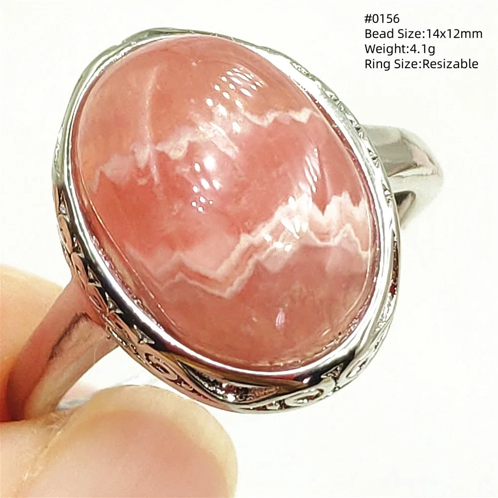 Natural Red Rhodochrosite Adjustable Ring Jewelry Rose Rhodochrosite 925 Sterling Silver Women Oval Bead AAAAA