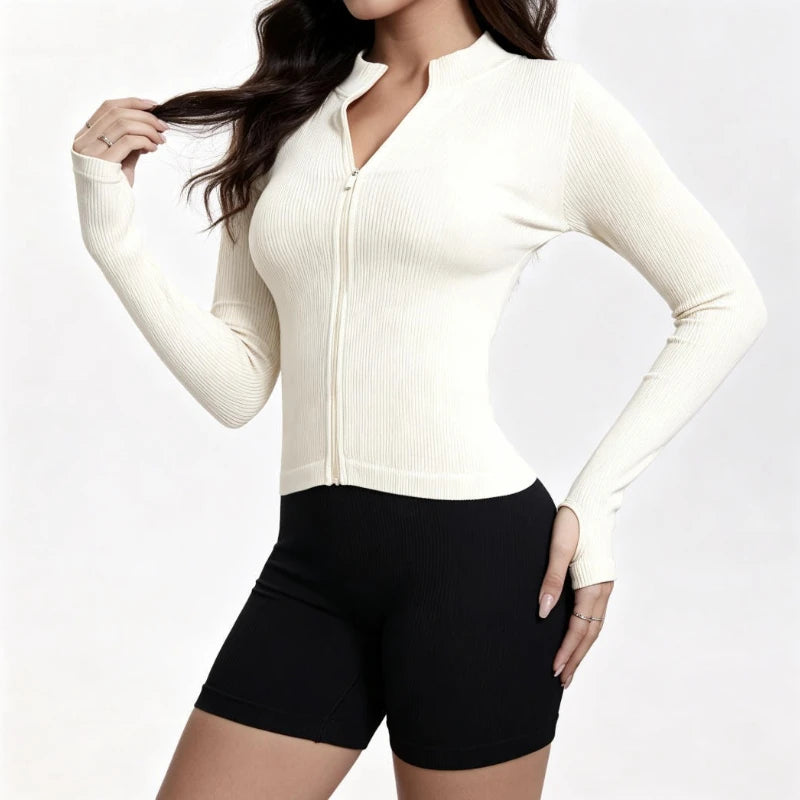 Women Ribbed Long Sleeve Zip Up Yoga Top High Elastic Workout Shirt Outdoor Running Gym Fitness Fashion Slim Sports Active Wear