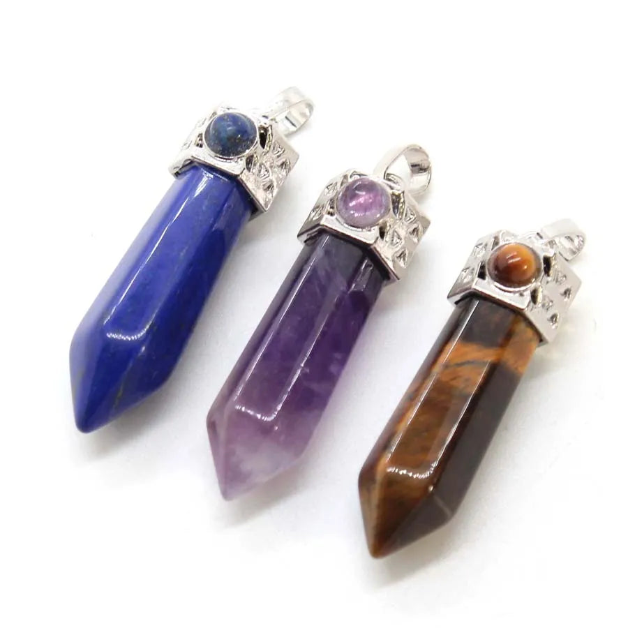 Natural Healing Amethyst Crystal Hexagonal Stone Pendants For Women Necklace DIY Rose Quartz Lapis Lazuli Agate Pendant Jewelry