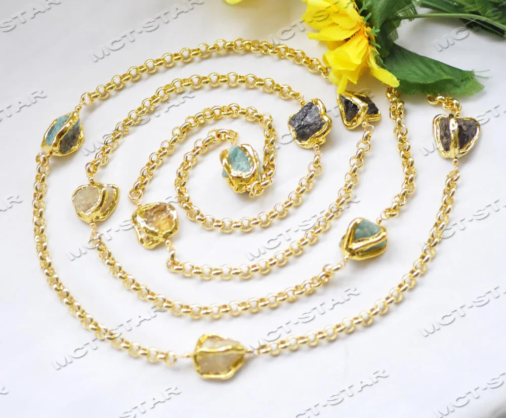Z12659 56'' 20mm Baroque Amethyst Aquamarine Crystal Gold-Plated Chain Necklace