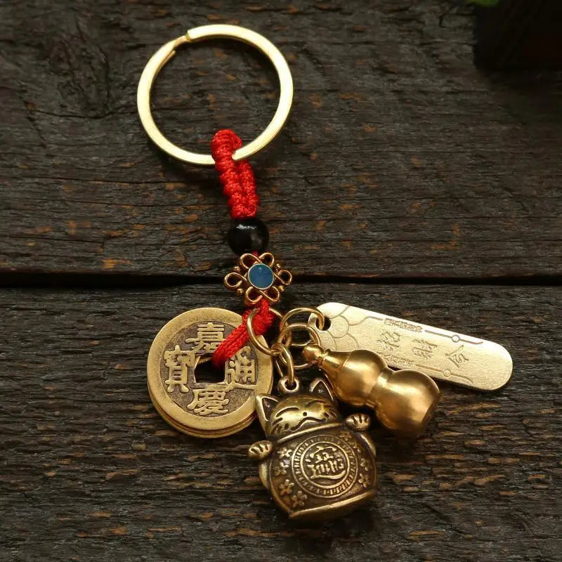 YILUO CD Vintage Lucky Cat Car Keychain Five Emperors Money Calabash Feng Shui Coins Red String Key Ring