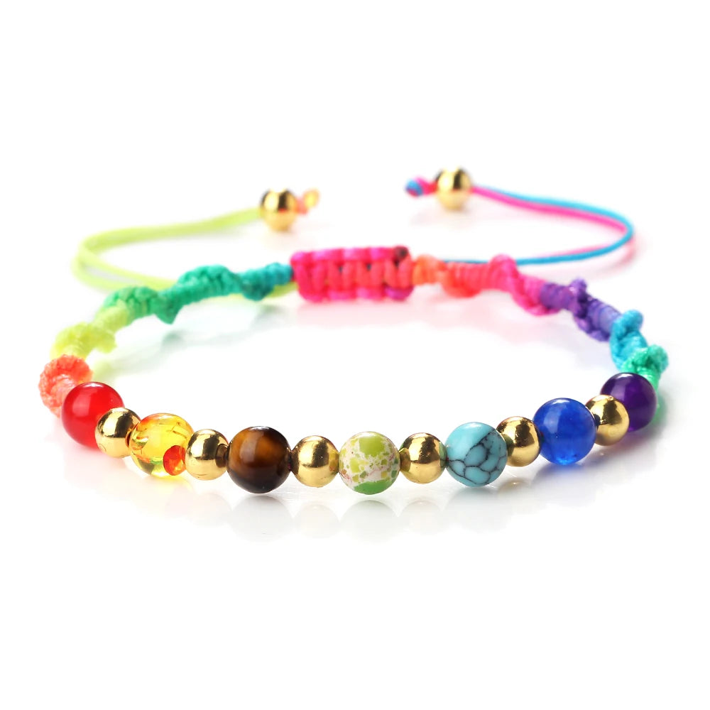 Reiki 7 Chakra Bracelet Natural Stone Rope Braided Yoga Healing Gold Color Copper Beads Bracelets & Bangles Meditation Jewelry
