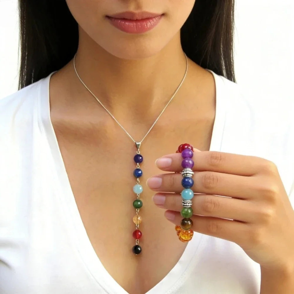 Women 7 Chakra Healing Crystal Gemstone Bead Set Yoga Balancing Necklace Bracelet Reiki Solid Design Daily Party Birthday Gift