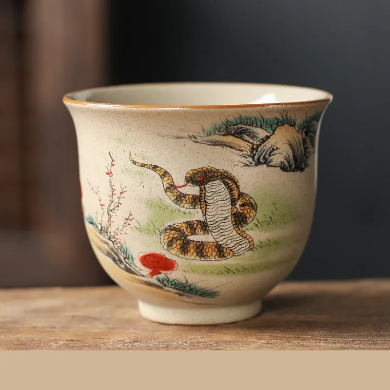 1 Pc Chinese Zodiac Ceramic Tea Cup Handmade Vintage Pottery Tea Bowl Teaware Master Teacup Personal Meditation Cup 110ml