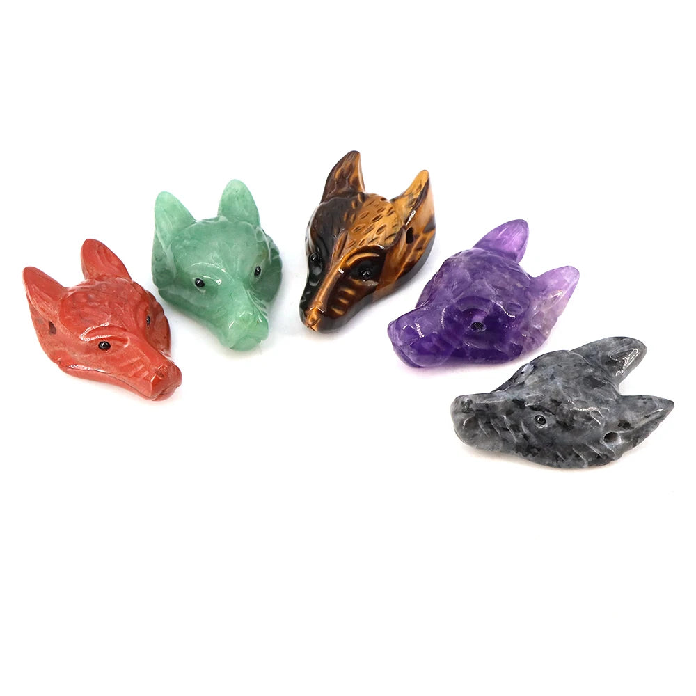 40mm Wolf Head Stone Pendant Natural Healing Crystals Statue Hand Carving Gemstone Wolves Animal Figure Jewelry Making Necklace
