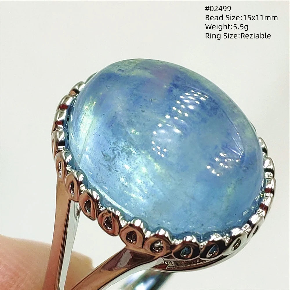 Natural Blue Aquamarine Beads Ring Adjustable Brazil Ring Oval 925 Sterling Silver Aquamarine Jewelry Women AAAAA