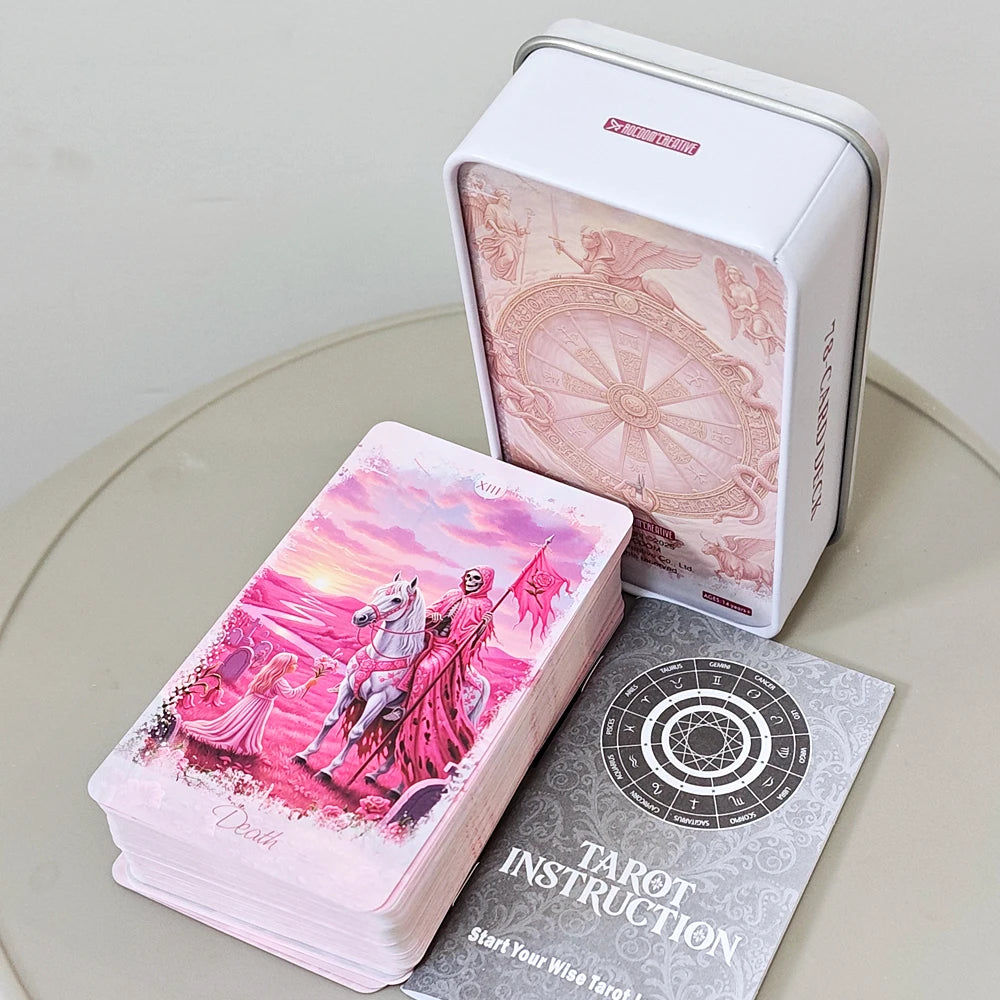 Pink Romantic Fantasy Tarot Deck in Tin Box, 78-Card Full Deck with Instruction Book, Spiritual Divination Oracle 11*6.2cm
