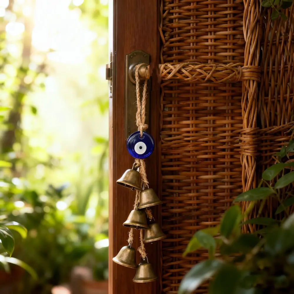 Retro Style Evil Eye Hanging Ornament Metal Bell Hemp Rope Wind Chime Garden Porch Decoration Unique Home Accessory