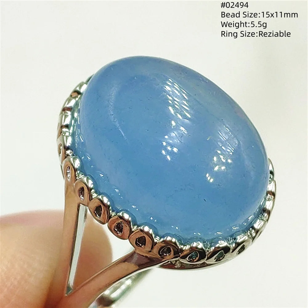 Natural Blue Aquamarine Beads Ring Adjustable Brazil Ring Oval 925 Sterling Silver Aquamarine Jewelry Women AAAAA