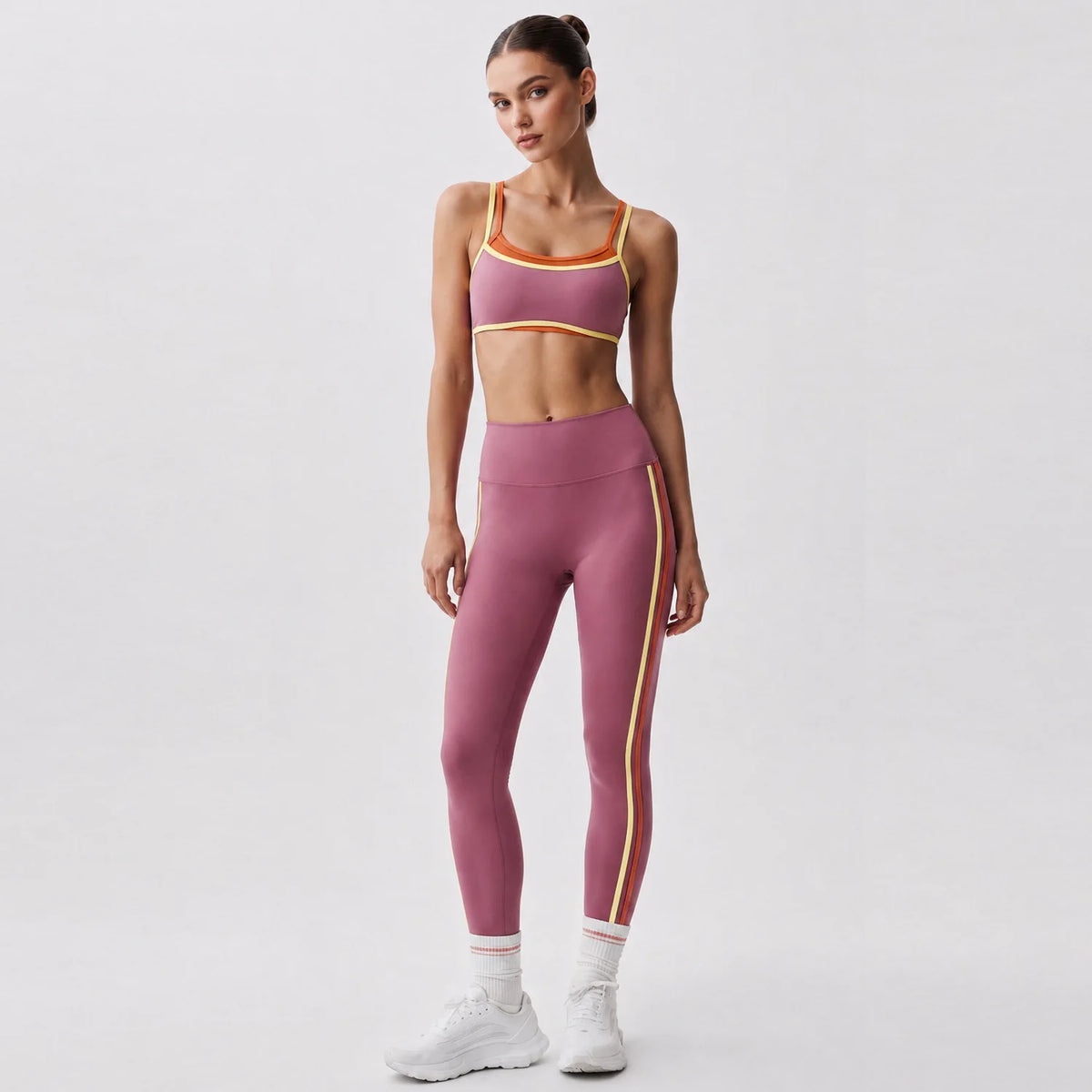 Color Block Contrast Trim Women Fitness Outfit Set Camisole Sports Bra High Elastic Flared Yoga Pants 2Pcs Sport SetSports Wear