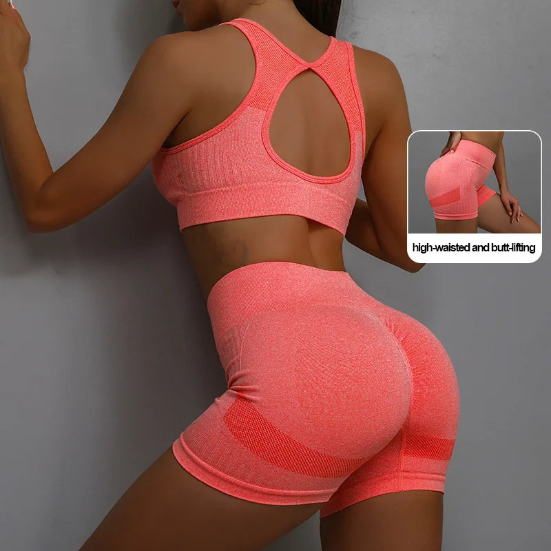 Women's Sports Fitness Yoga Suit Set Breathable Elastic Shorts Peach Bottom Smiling Face Design Beautiful Back Bra Yoga Pant
