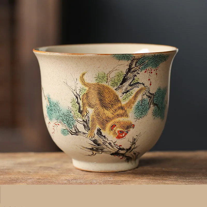 1 Pc Chinese Zodiac Ceramic Tea Cup Handmade Vintage Pottery Tea Bowl Teaware Master Teacup Personal Meditation Cup 110ml