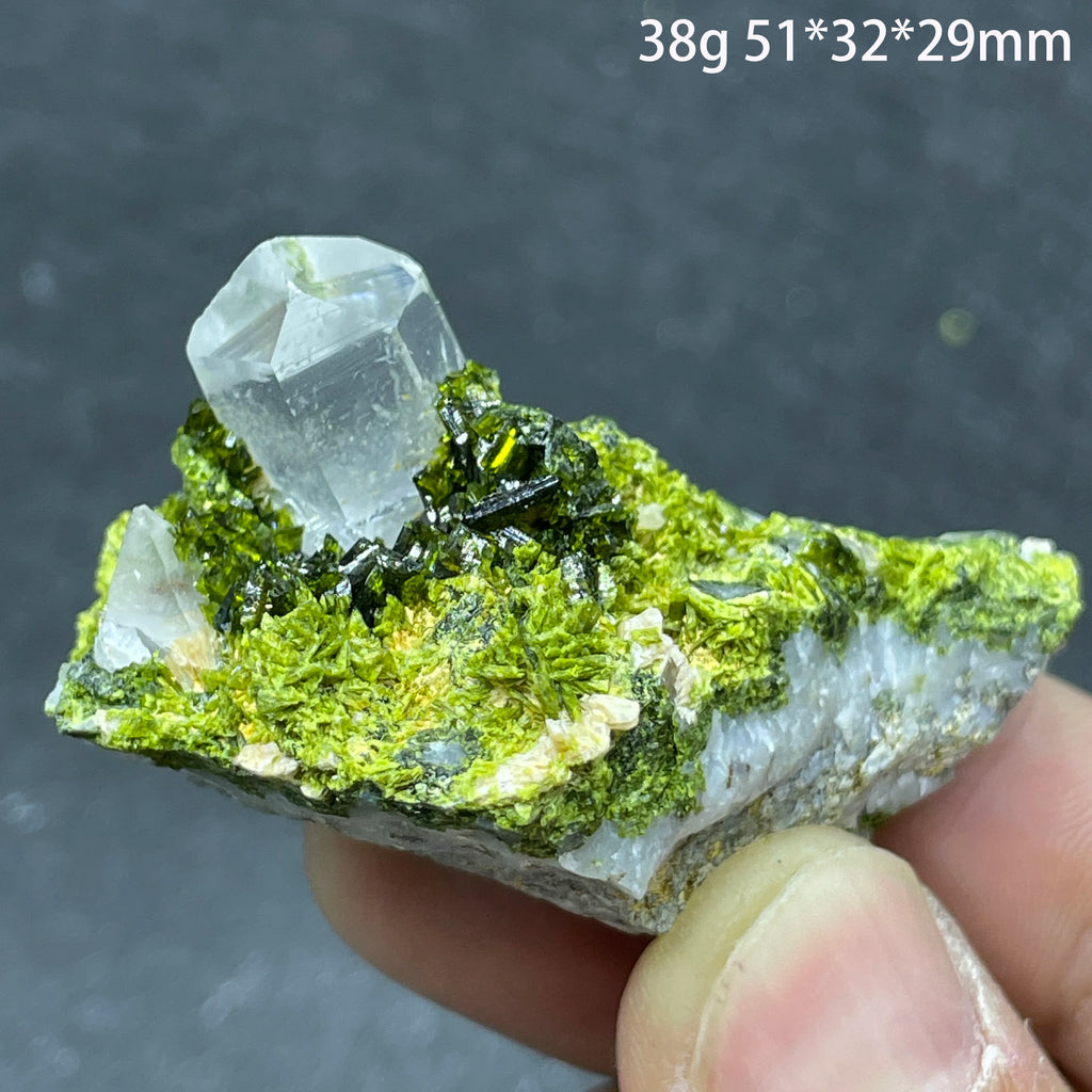 Natural Green Epidote with Clear Quartz Crystal Symbiosis Rough Specimen Healing Teaching Stone for Home Decor