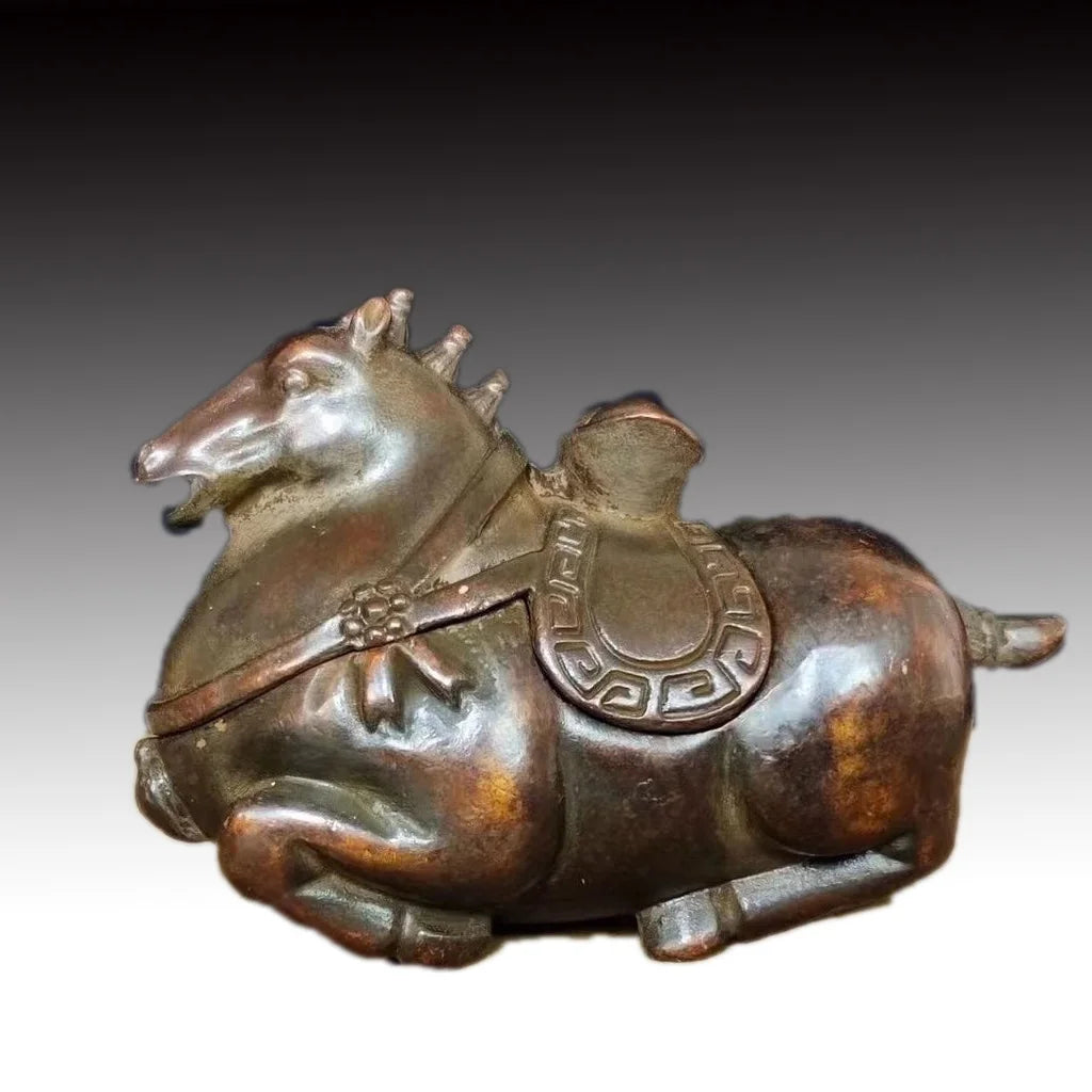 Ancient Chinese bronze and copper incense burner, Tang‑style horse statue, feng shui decorative collectible sculpture