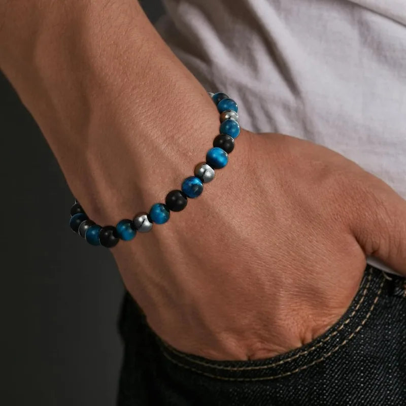 Bracelet for Men Him Dad Son Triple Protection Hematite Black Obsidian Tiger Eye Beaded Bracelets Birthday Healing Jewelry Gifts