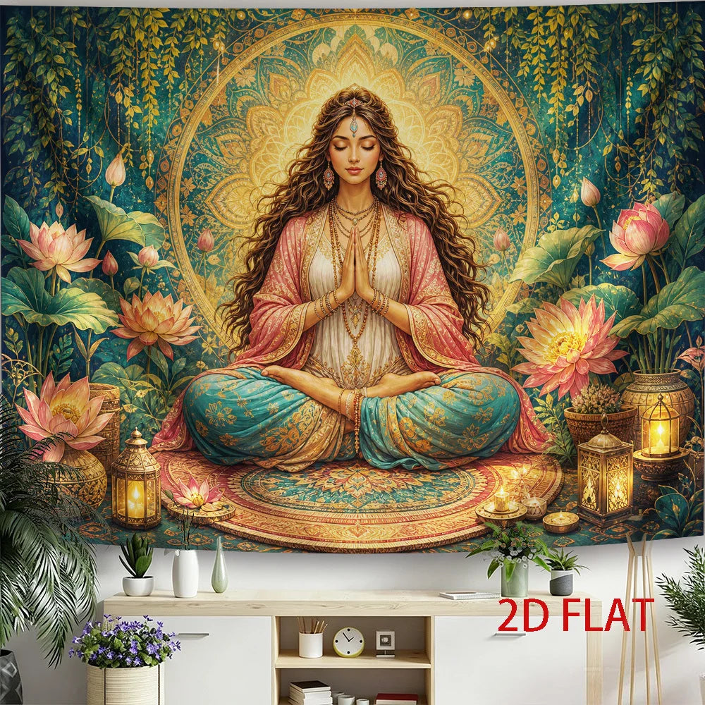 Yoga Meditation Woman Lotus Tapestry Wall Hanging, Bohemian Mandala Spiritual Art for Living Room Sofa Background Wall Decor