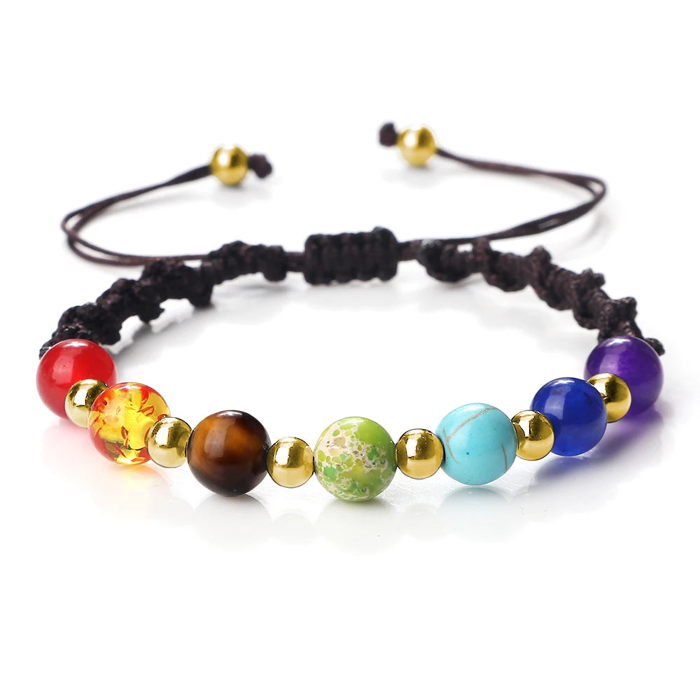 Reiki 7 Chakra Bracelet Natural Stone Rope Braided Yoga Healing Gold Color Copper Beads Bracelets & Bangles Meditation Jewelry
