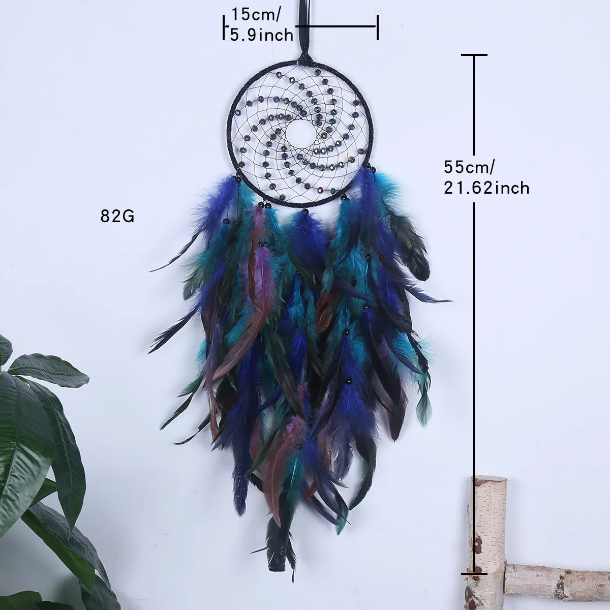 Bohemian Style Dream Catcher Wall Decoration, Hand‑Woven Circular Net with Shiny Beads & Mixed Color Feathers, Wth LED Light.
