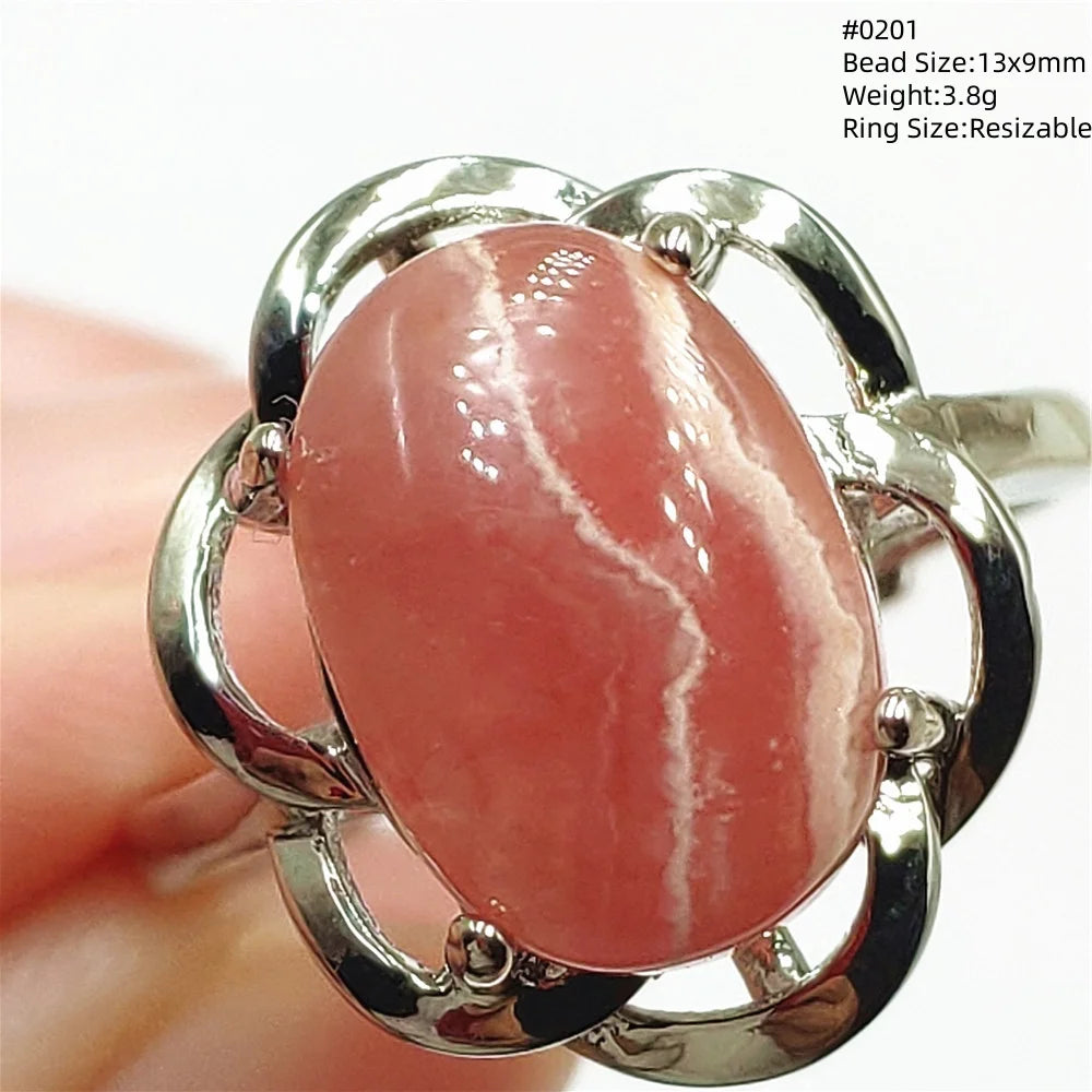 Natural Red Rhodochrosite Adjustable Ring Jewelry Rose Rhodochrosite 925 Sterling Silver Women Oval Bead AAAAA