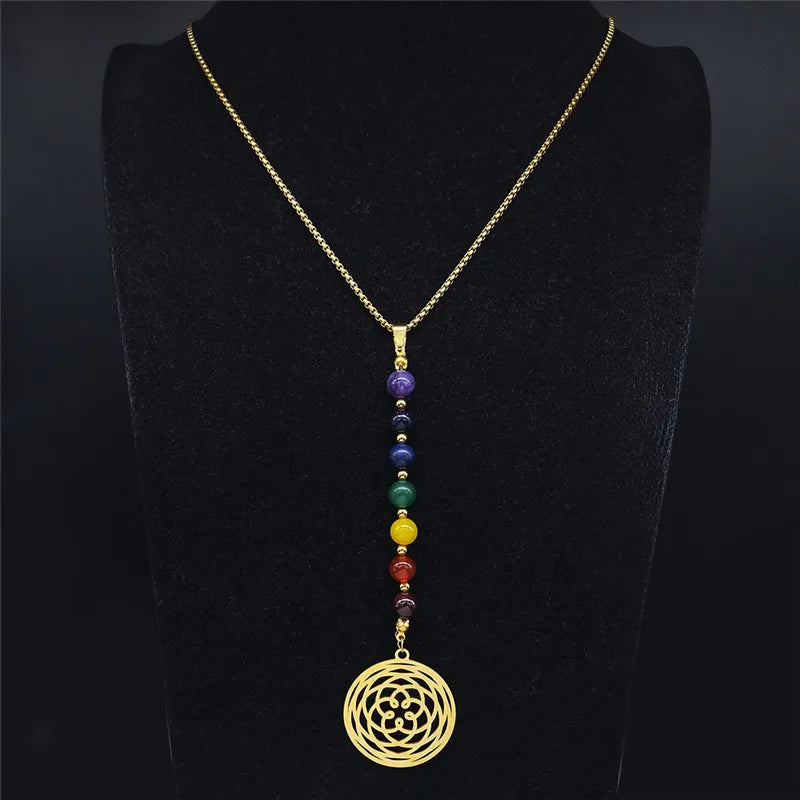 7 Chakra Yoga Flower of Life Necklace Lotus Buddhas Moon Carved Gem Stone Beads Necklaces Reiki Healing Balancing Maxi Jewelry