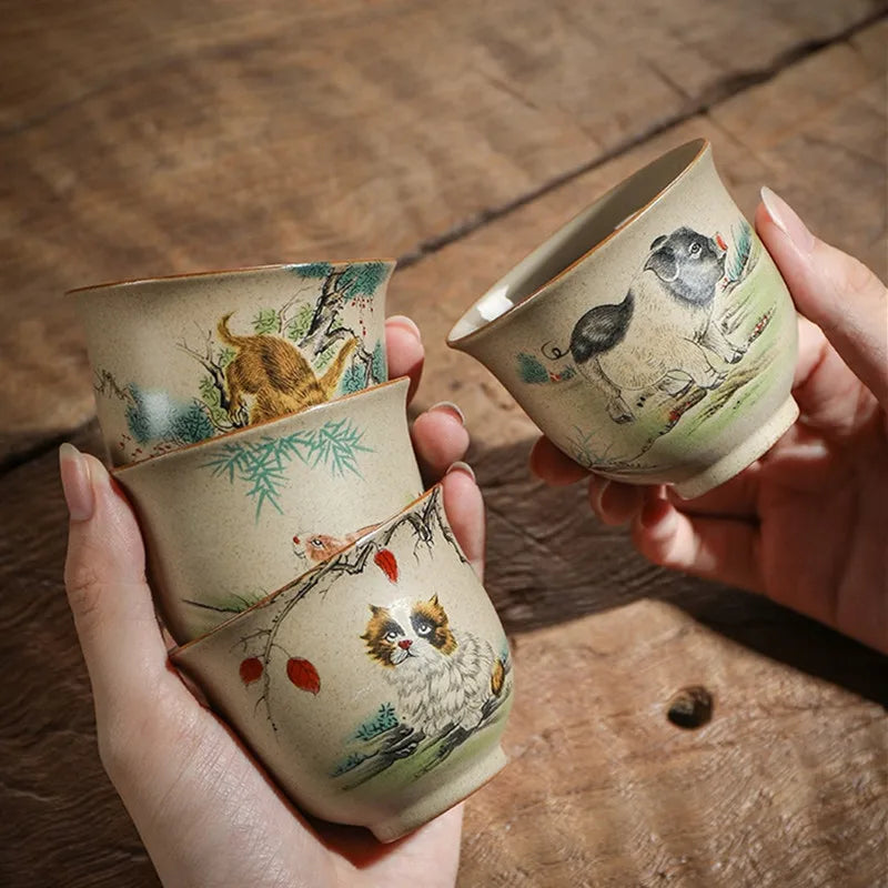 1 Pc Chinese Zodiac Ceramic Tea Cup Handmade Vintage Pottery Tea Bowl Teaware Master Teacup Personal Meditation Cup 110ml