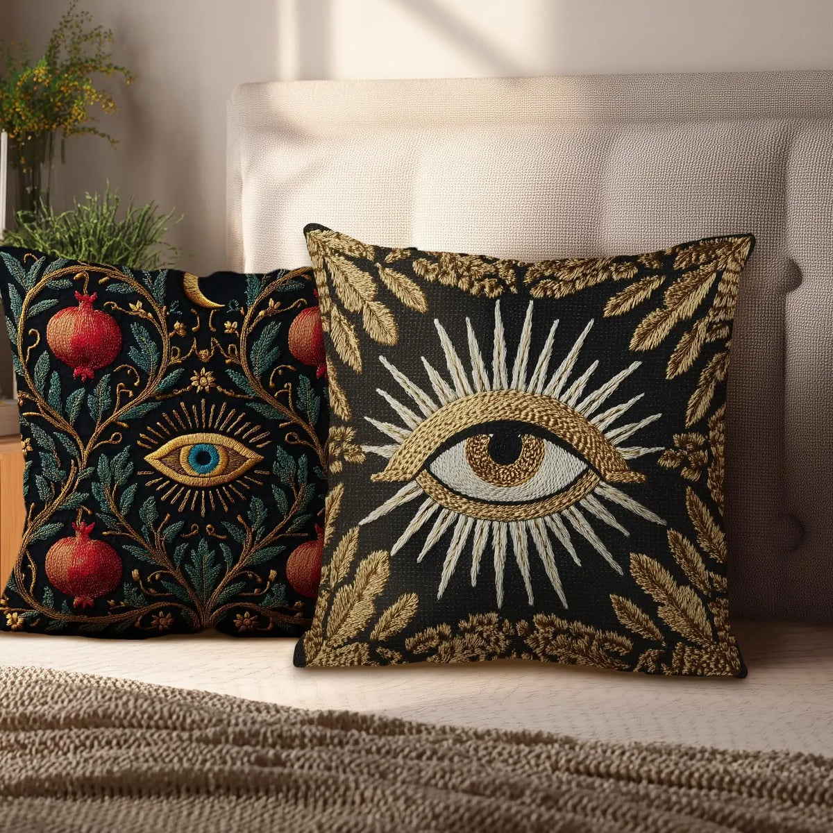 Printed pattern Mystical All Seeing Eye Pillowcase Boho Wiccan Spiritual Cushion Cover 18x18 Inch Black Gold Home Decor Gift