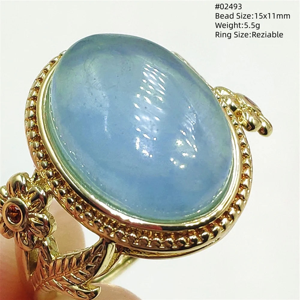 Natural Blue Aquamarine Beads Ring Adjustable Brazil Ring Oval 925 Sterling Silver Aquamarine Jewelry Women AAAAA