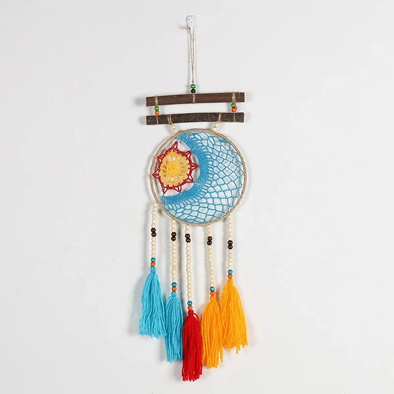 Wooden Beads Dream Catcher Net Tree Branches Hand Woven Tapestry Moon Sun Wall Blanket Covered Pipeline Vintage Art Pendant 1pcs