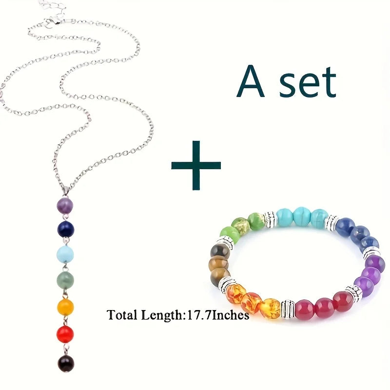 Women 7 Chakra Healing Crystal Gemstone Bead Set Yoga Balancing Necklace Bracelet Reiki Solid Design Daily Party Birthday Gift