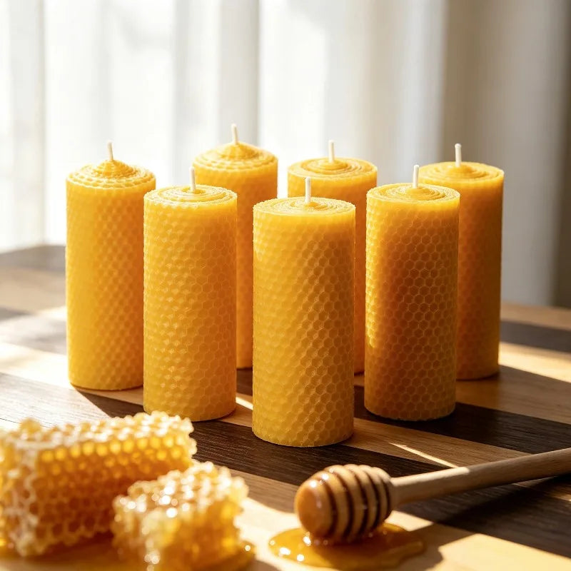 6pcsNatural Pure Beeswax Honeycomb Roll Pillar Candle - 10x3.5cm, Box Pack, Clean Burn, Home Decor & Wedding Gift Candle
