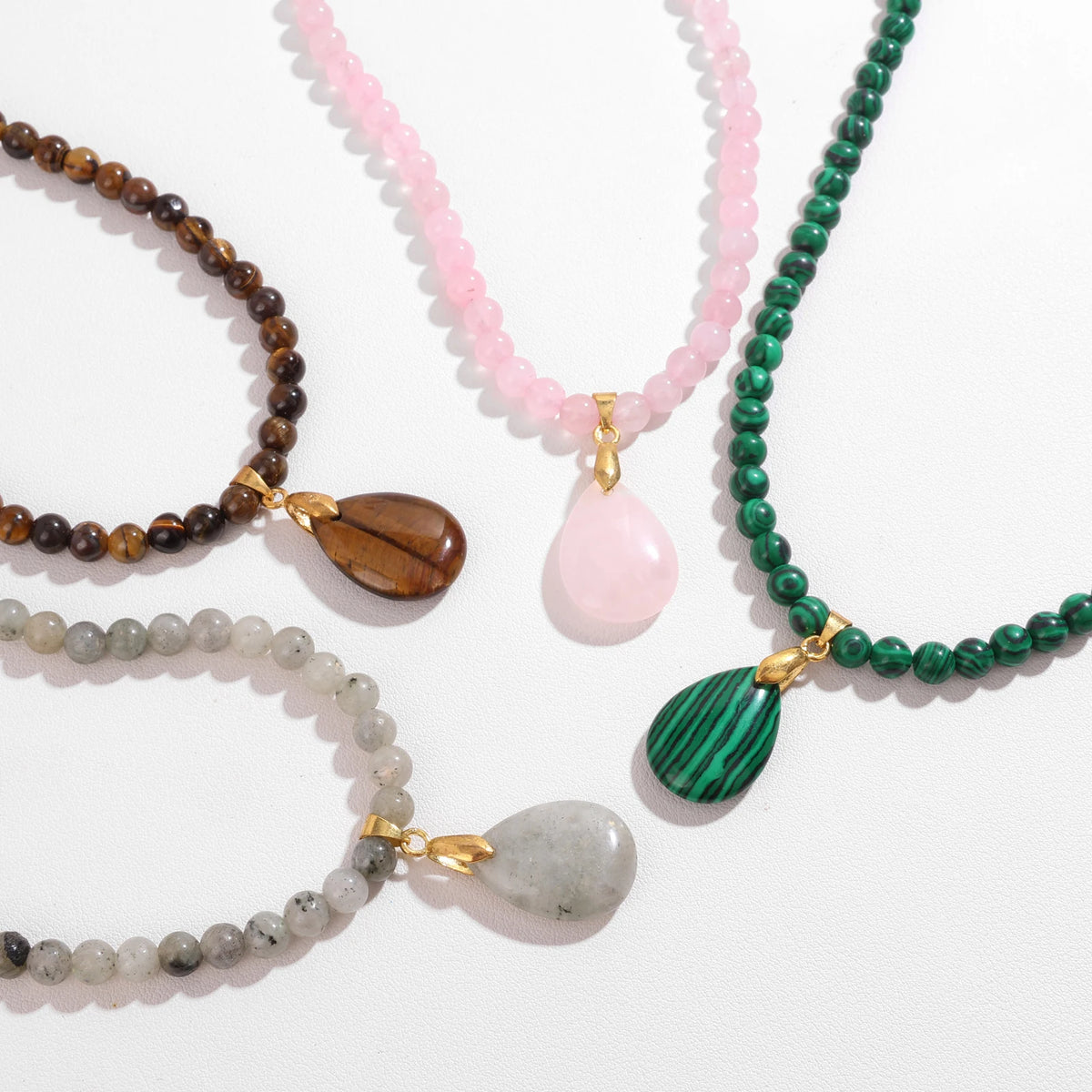 Fashion Boho Rose Quartz Necklace 6mm Round Beads Waterdrop Pendant Necklace for Women Collar Healing Crystal Jewelry