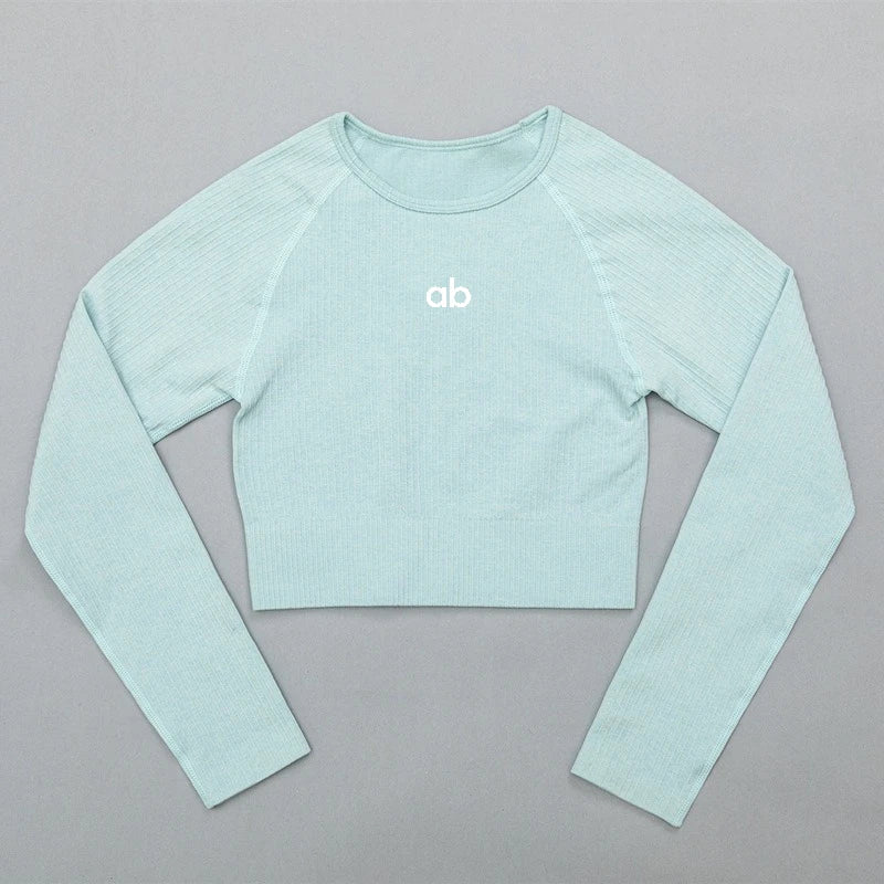 Women Ribbed Seamless Long Sleeve Crop Top Yoga Shirt Slim Fit Athletic T-Shirt Gym Fitness Running Workout Sportswear