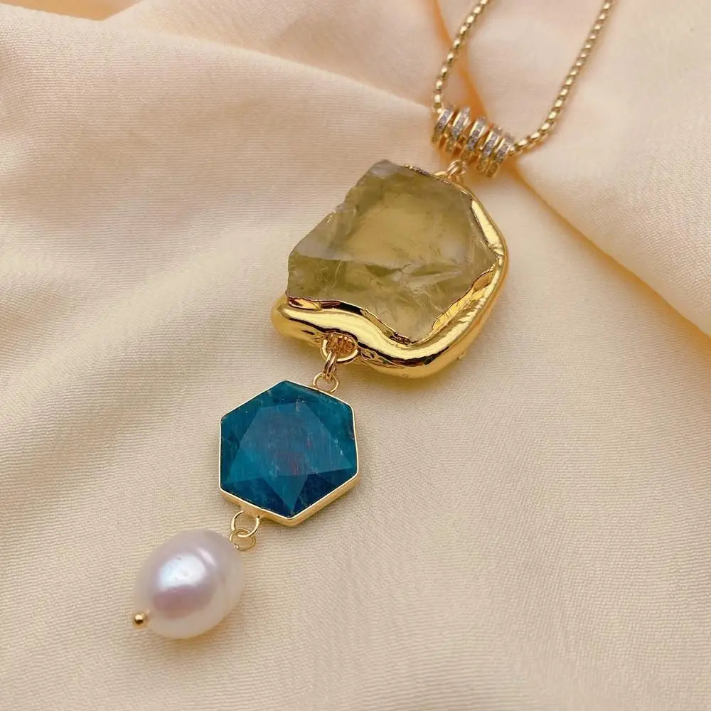 Y·YING Natural Yellow Lemon Quartz Blue Apatite Cultured White Rice Pearl Gold Plated Chain Necklace Jewelry