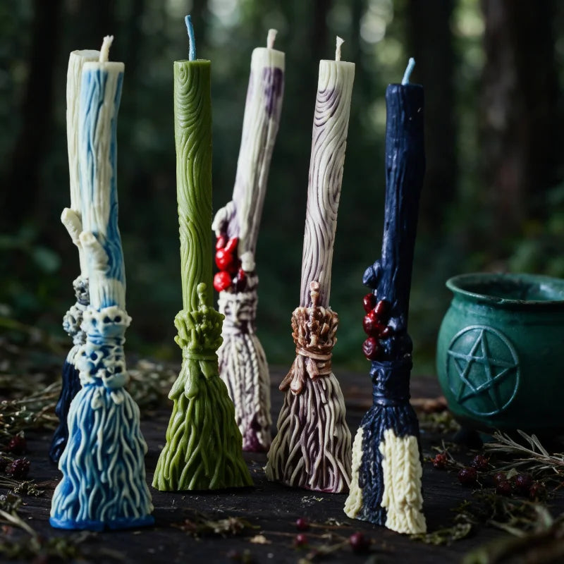 3D Witch Broom Candle Mold Handmade Pillar Mold Witchcraft Whisk Broom with Pumpkin Skull Face Magic Ritual Spiritual Candle Mld