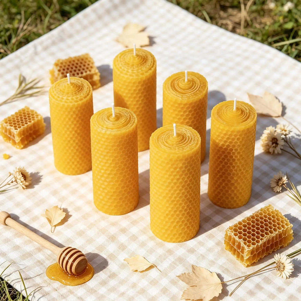 6pcsNatural Pure Beeswax Honeycomb Roll Pillar Candle - 10x3.5cm, Box Pack, Clean Burn, Home Decor & Wedding Gift Candle