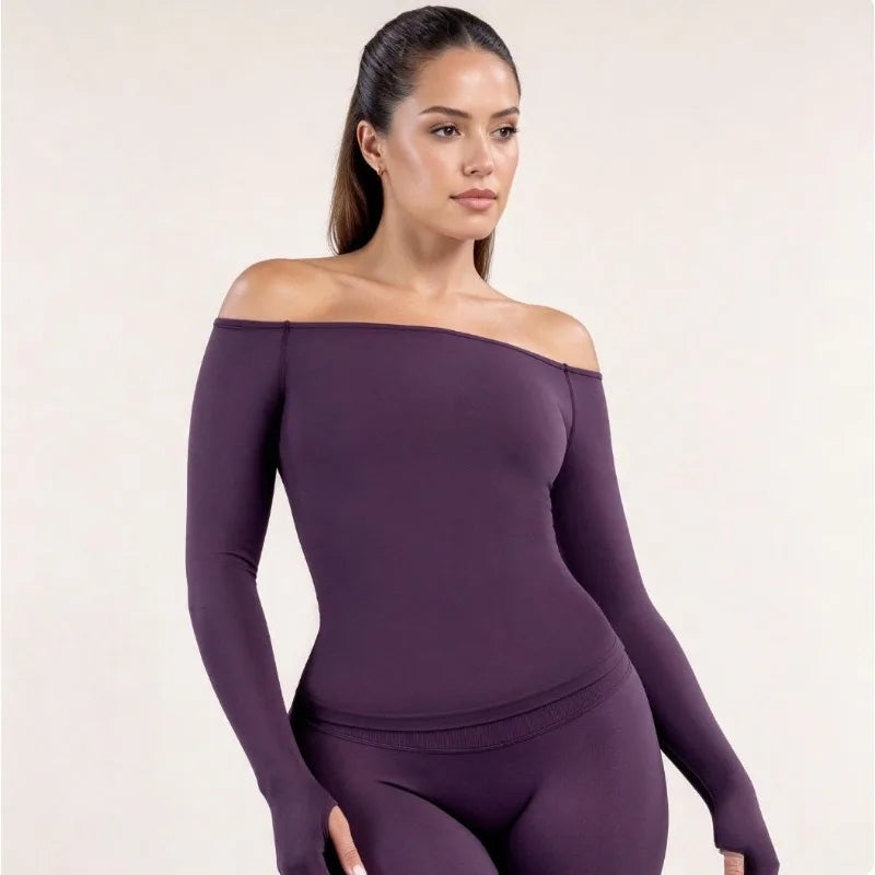 Womens Off Shoulder Long Sleeve Yoga Top Quick Dry Athletic Shirt Outdoor Casual Running Fitness Workout Long Sleeve Activewear
