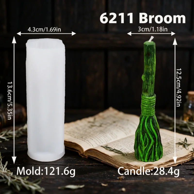 3D Witch Broom Candle Mold Handmade Pillar Mold Witchcraft Whisk Broom with Pumpkin Skull Face Magic Ritual Spiritual Candle Mld