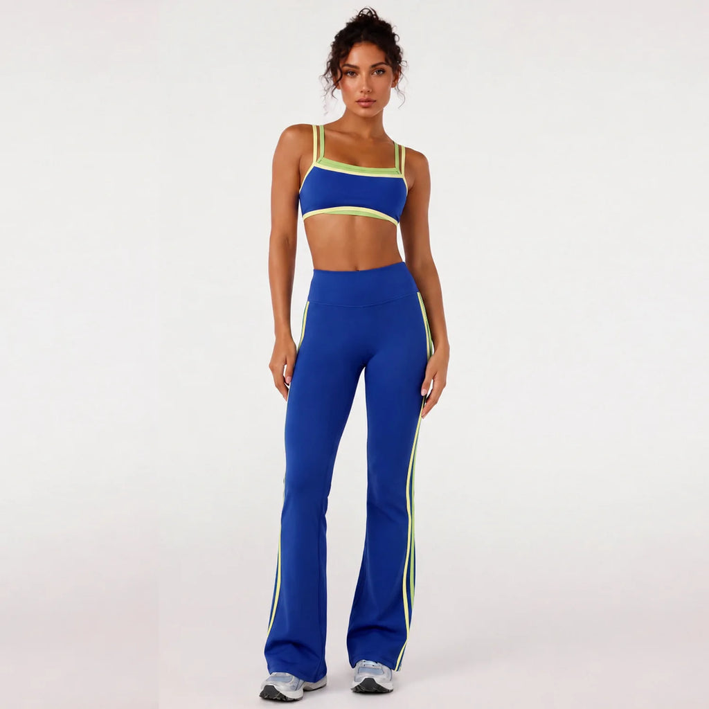 Color Block Contrast Trim Women Fitness Outfit Set Camisole Sports Bra High Elastic Flared Yoga Pants 2Pcs Sport SetSports Wear