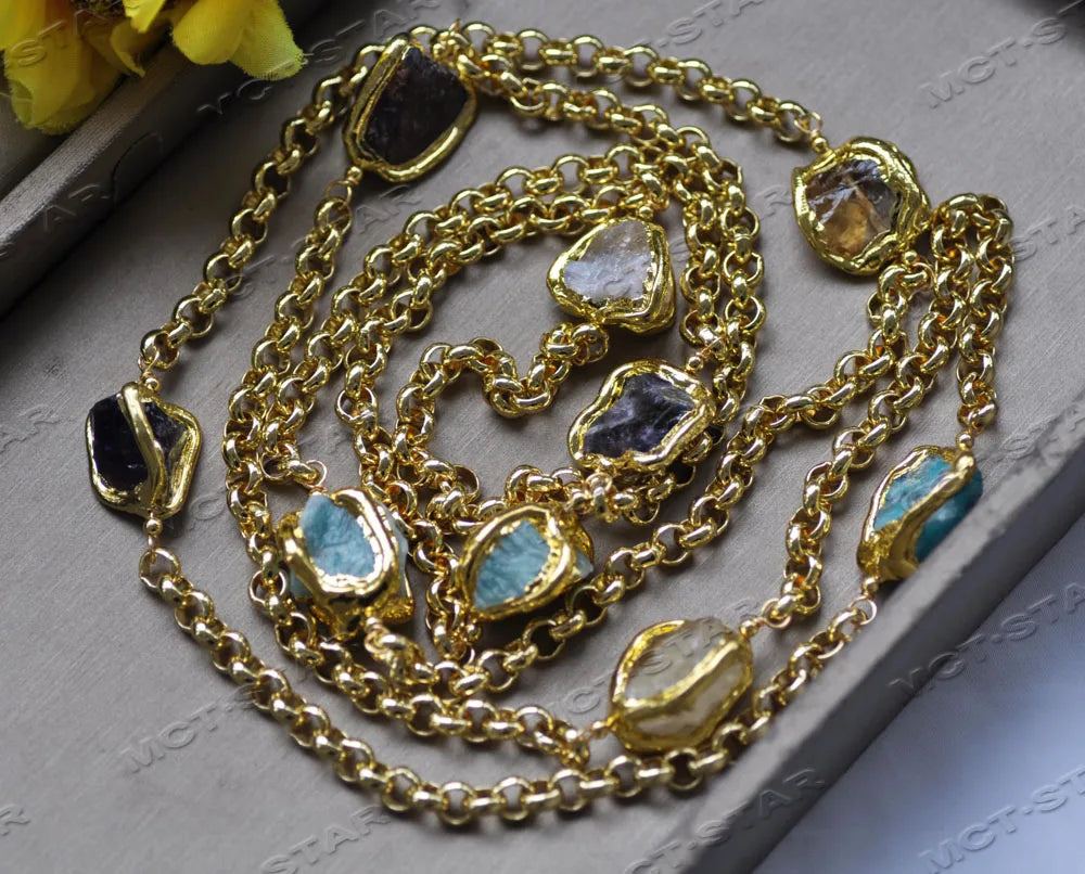 Z12659 56'' 20mm Baroque Amethyst Aquamarine Crystal Gold-Plated Chain Necklace