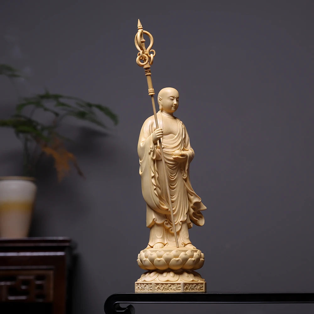 Finely Wooden Hand Carved Kṣitigarbha Dizang Bodhisattva Statue Figurine with Staff - Spiritual Protection Sacred Home Temple