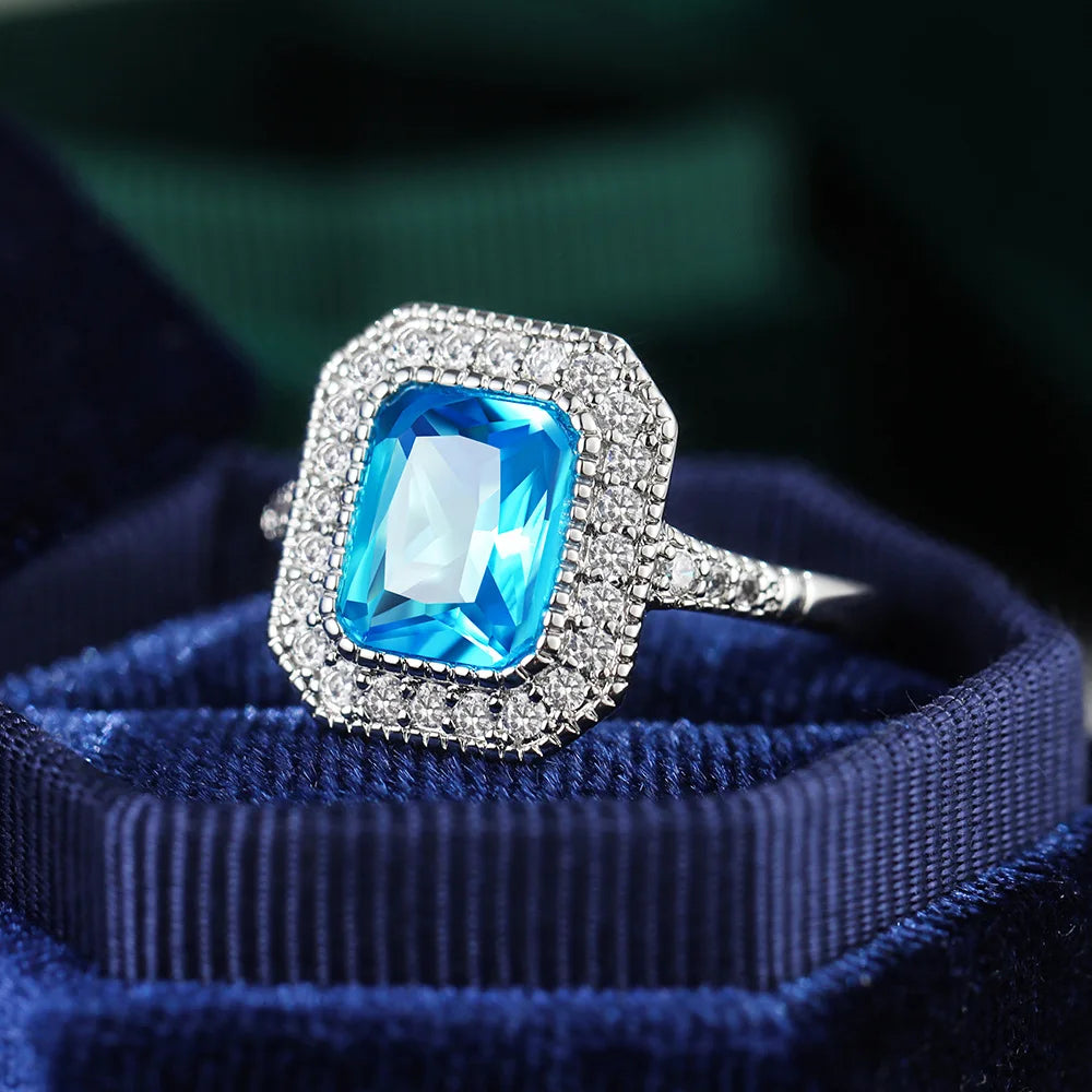Fashion 925 sterling silver Aquamarine Stone Rings For Women Square cut Blue Zircon Wedding Engagement Ring Jewelry gift