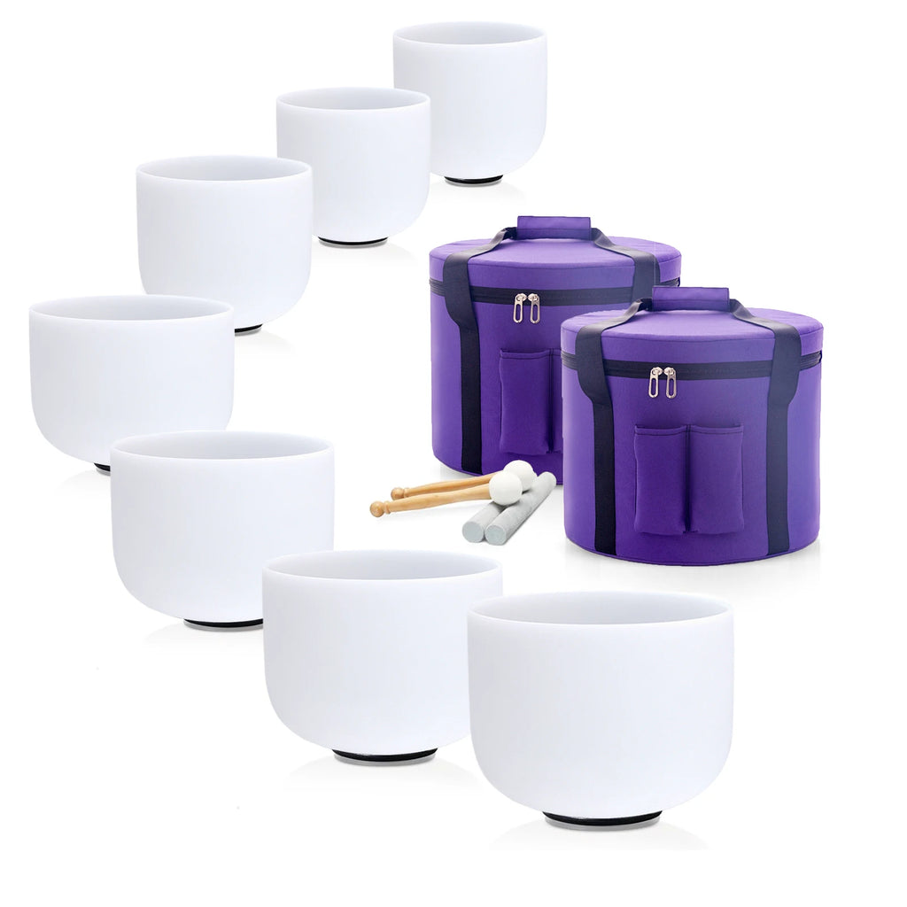 440/432HZ Color Chakra Frosted Quartz Crystal Singing Bowls 6-12" set of 7pcs for yoga and Meditation Sound Healing with Bag
