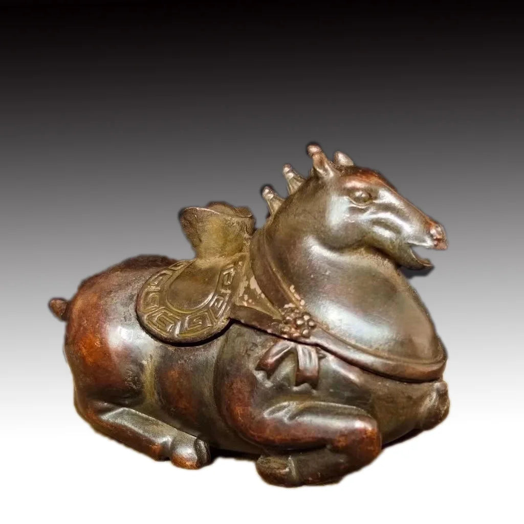 Ancient Chinese bronze and copper incense burner, Tang‑style horse statue, feng shui decorative collectible sculpture