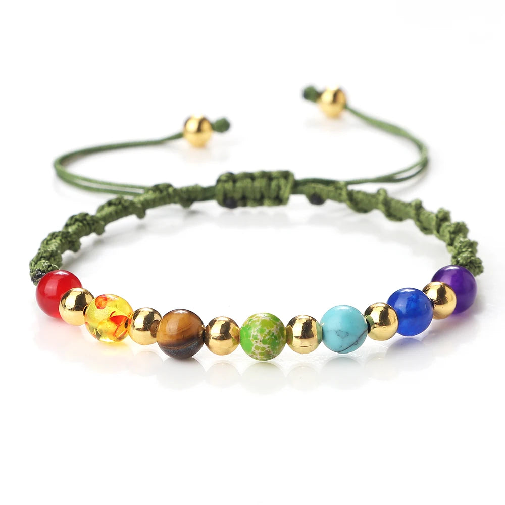 Reiki 7 Chakra Bracelet Natural Stone Rope Braided Yoga Healing Gold Color Copper Beads Bracelets & Bangles Meditation Jewelry