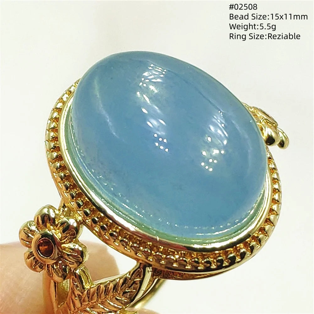 Natural Blue Aquamarine Beads Ring Adjustable Brazil Ring Oval 925 Sterling Silver Aquamarine Jewelry Women AAAAA