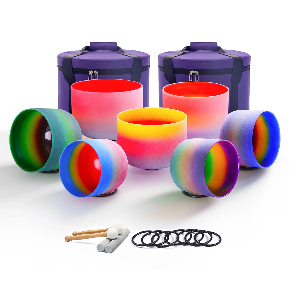 440/432HZ Color Chakra Frosted Quartz Crystal Singing Bowls 6-12" set of 7pcs for yoga and Meditation Sound Healing with Bag