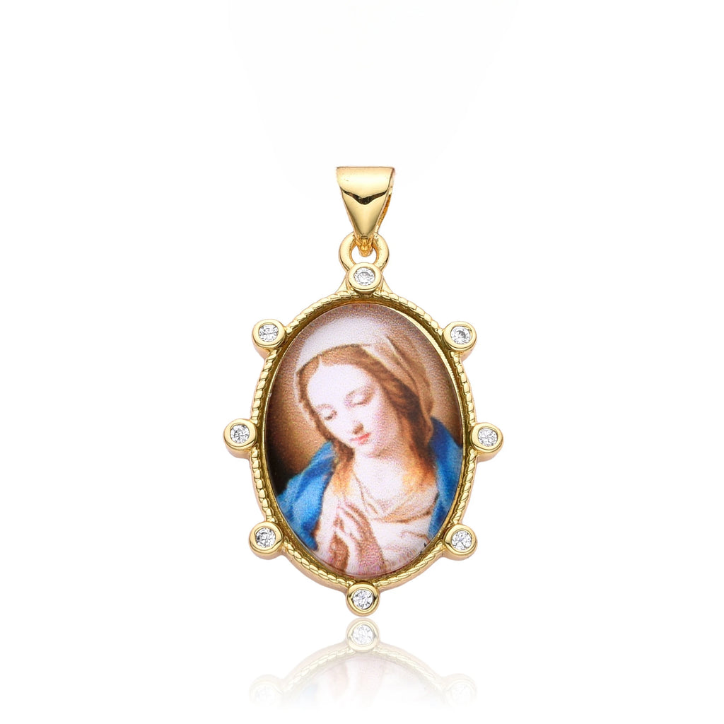 Gold Plated Enamel Virgin Mary Pendant Sacred Heart of Jesus Zirconia Edges Medal Necklace Divine Child Charms Catholic Jewelry